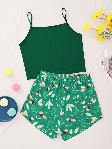 Ženska pidžama iz dva dijela uključuje majicu bez rukava + kratke hlače zelene boje