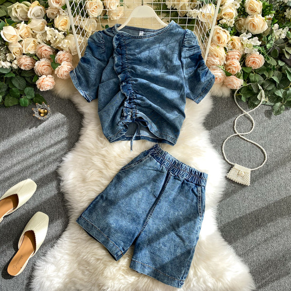 Naiste teksakomplekt lühikeste varrukate ja lühikeste pükstega pluus