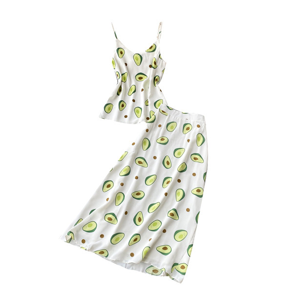 Modern női szett felső és hosszú szoknya avokádómintával