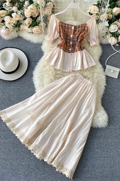 Retro női blúz szett rövid ujjal és hosszú szoknyával