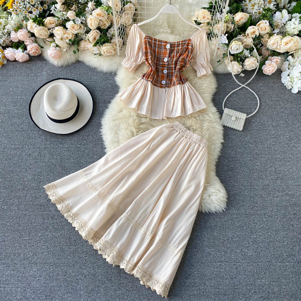 Retro női blúz szett rövid ujjal és hosszú szoknyával