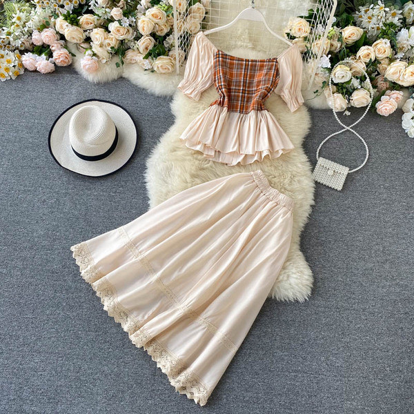 Retro női blúz szett rövid ujjal és hosszú szoknyával