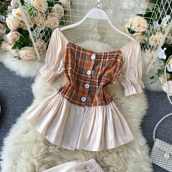 Retro női blúz szett rövid ujjal és hosszú szoknyával