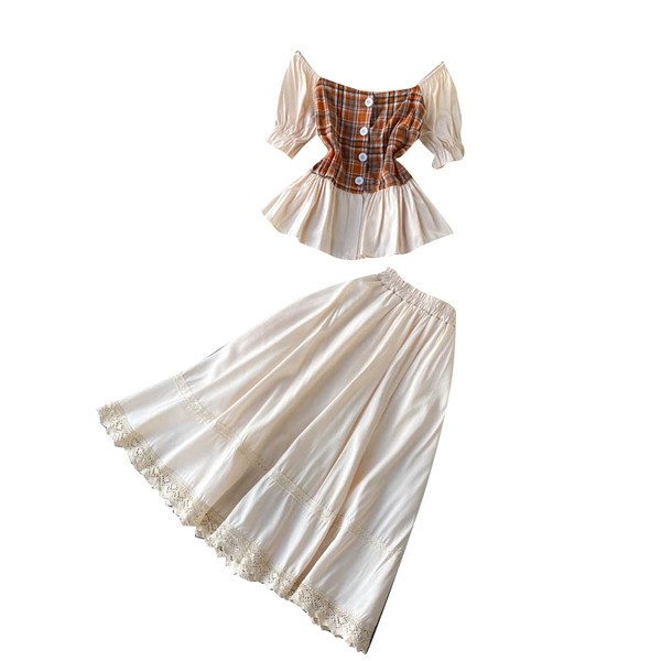 Retro női blúz szett rövid ujjal és hosszú szoknyával