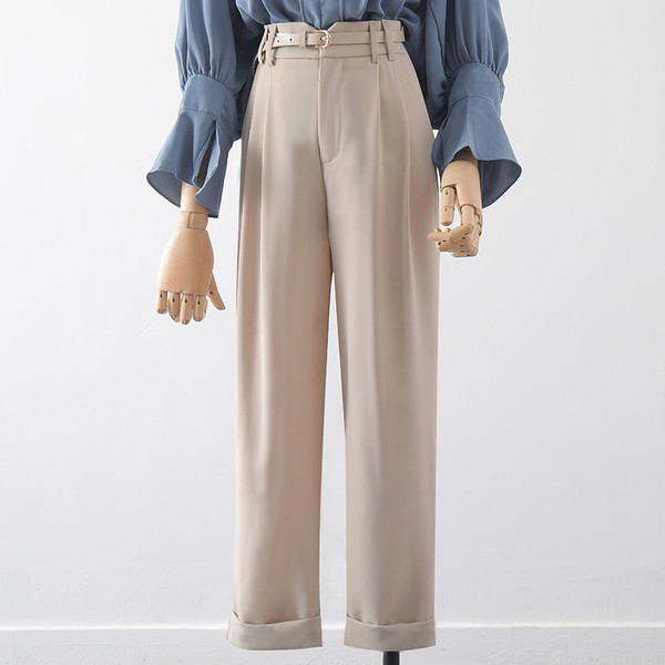 Modern női hosszú nadrág övvel - magas derék