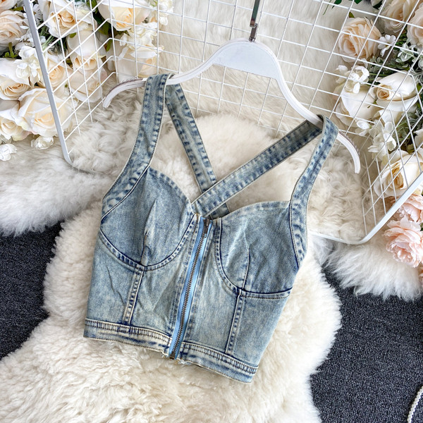 Női farmer felső cipzárral és megkötős nadrággal