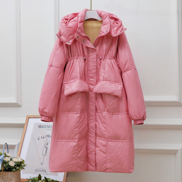 Női alkalmi téli hosszú kabát kapucnival és hosszú ujjal