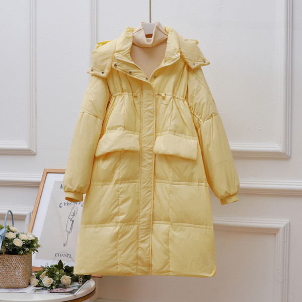 Női alkalmi téli hosszú kabát kapucnival és hosszú ujjal