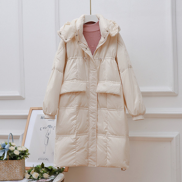 Női alkalmi téli hosszú kabát kapucnival és hosszú ujjal