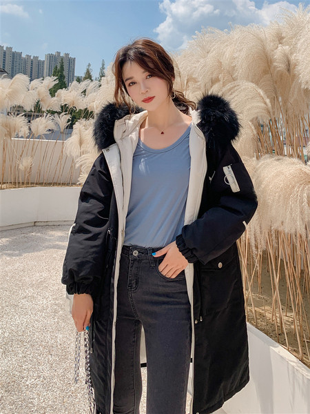 ÚJ modell női hosszú téli kabát kapucnival és pehellyel