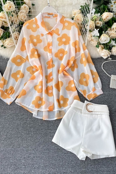 Női ing és nadrág szett magas derékkal és övvel