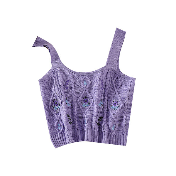 Modern kötött női felső széles pántokkal és hímzéssel