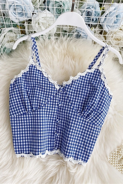 Stiilne naiste lühike ruuduline pitsiga rinnakorv