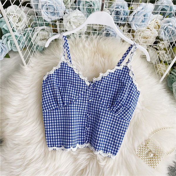 Stiilne naiste lühike ruuduline pitsiga rinnakorv