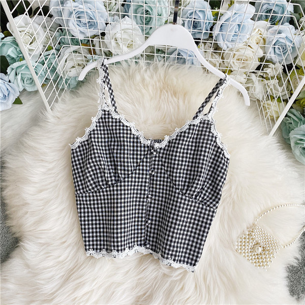 Stiilne naiste lühike ruuduline pitsiga rinnakorv