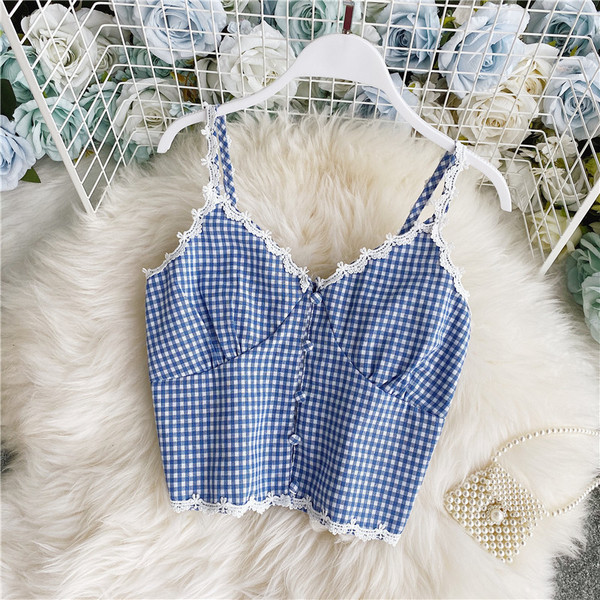 Stiilne naiste lühike ruuduline pitsiga rinnakorv