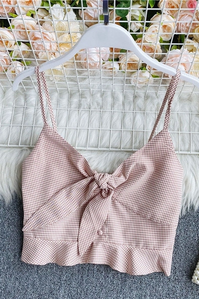 Modern női rövid kockás felső vékony pántokkal