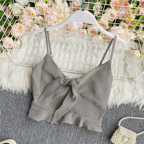 Modern női rövid kockás felső vékony pántokkal