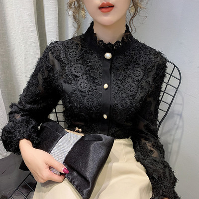 Stiilne naiste särk pitsi ja kõrge kraega