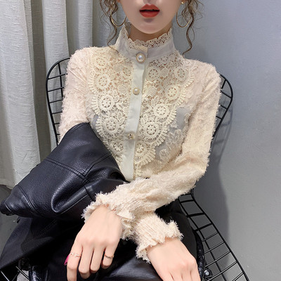 Stiilne naiste särk pitsi ja kõrge kraega