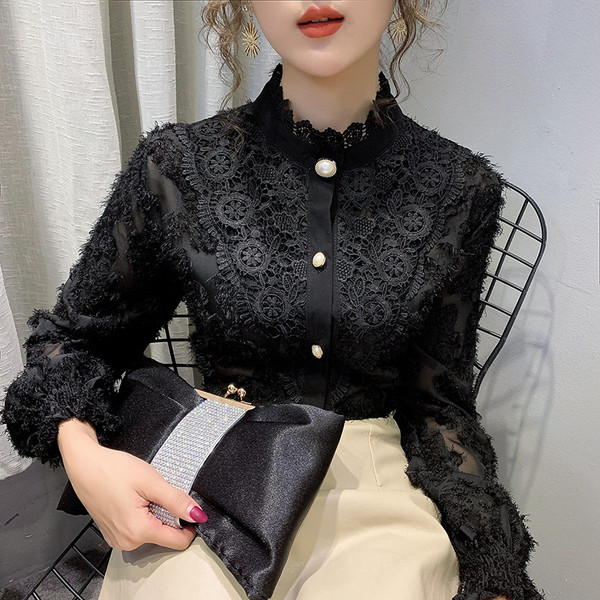 Stiilne naiste särk pitsi ja kõrge kraega