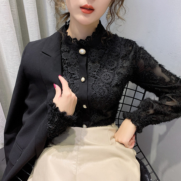 Stiilne naiste särk pitsi ja kõrge kraega