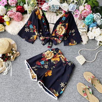 Moodne naiste lühikeste pükste komplekt ja laiade varrukatega pluus