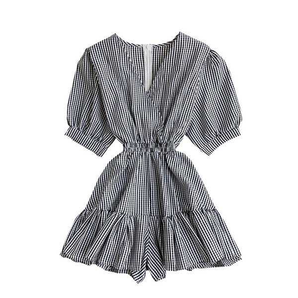 Modern női kockás overál spitz nyakkivágással