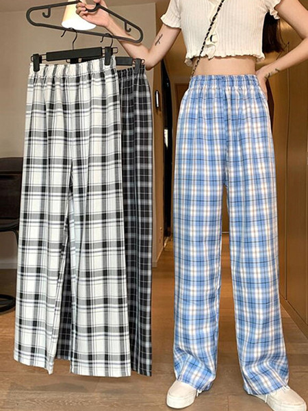 Női lezser kockás hosszú nadrág, magas derékkal