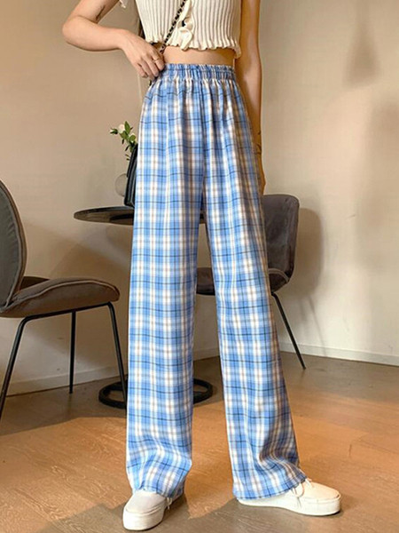 Női lezser kockás hosszú nadrág, magas derékkal