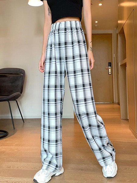 Női lezser kockás hosszú nadrág, magas derékkal