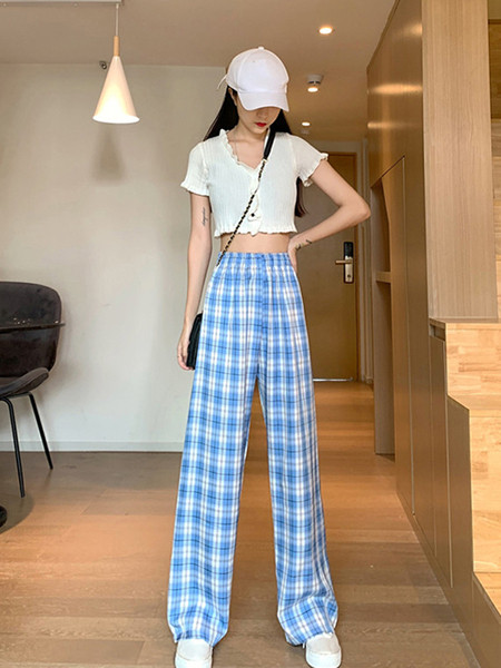 Női lezser kockás hosszú nadrág, magas derékkal