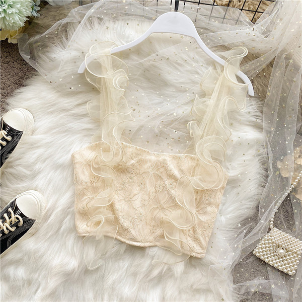 Modern női rövid csipke felső tüll