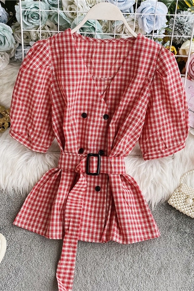 Modern női kockás ing spitz nyakkivágással