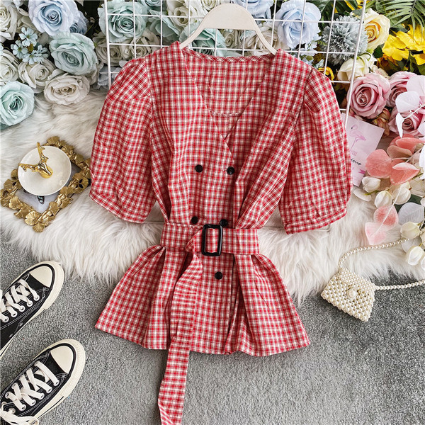 Modern női kockás ing spitz nyakkivágással