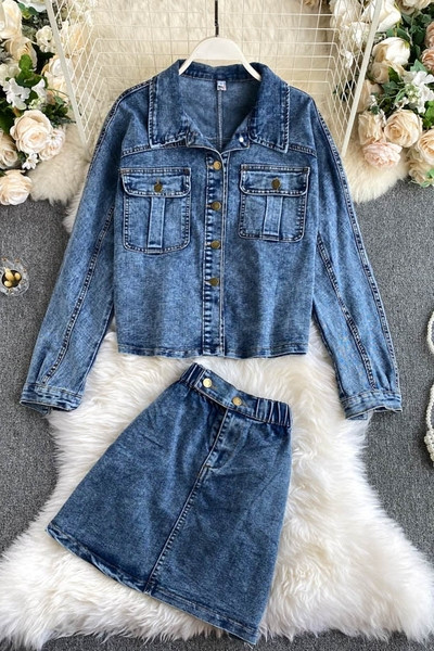 Ženski traper komplet široke jakne i suknje visokog struka