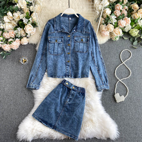 Ženski traper komplet široke jakne i suknje visokog struka