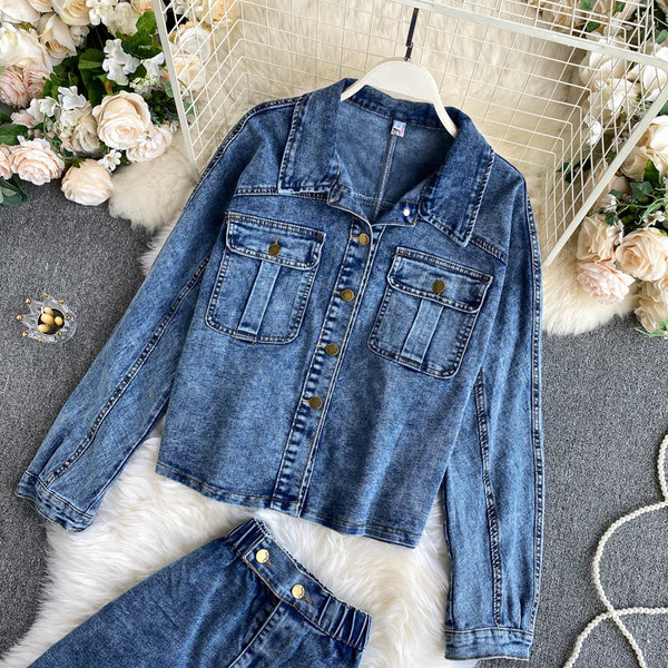 Ženski traper komplet široke jakne i suknje visokog struka