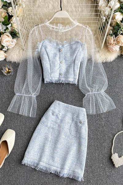 Elegáns női blúz szett tüll ujjal és magas derekú szoknyával