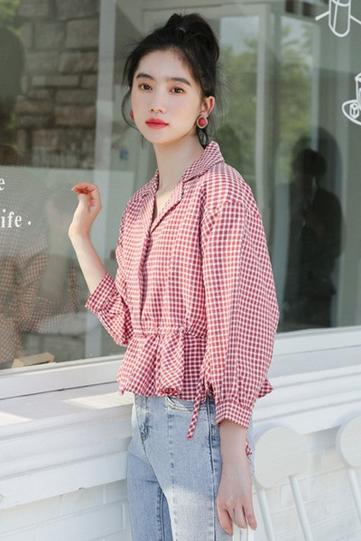 Sieviešu moderns rūtains krekls ar mežģīnēm un 7/8 piedurknēm