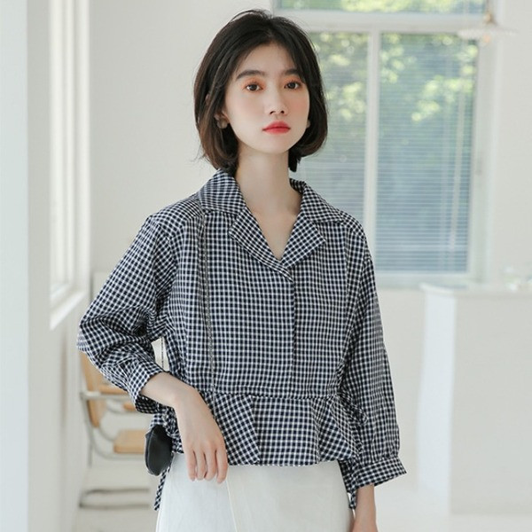 Sieviešu moderns rūtains krekls ar mežģīnēm un 7/8 piedurknēm