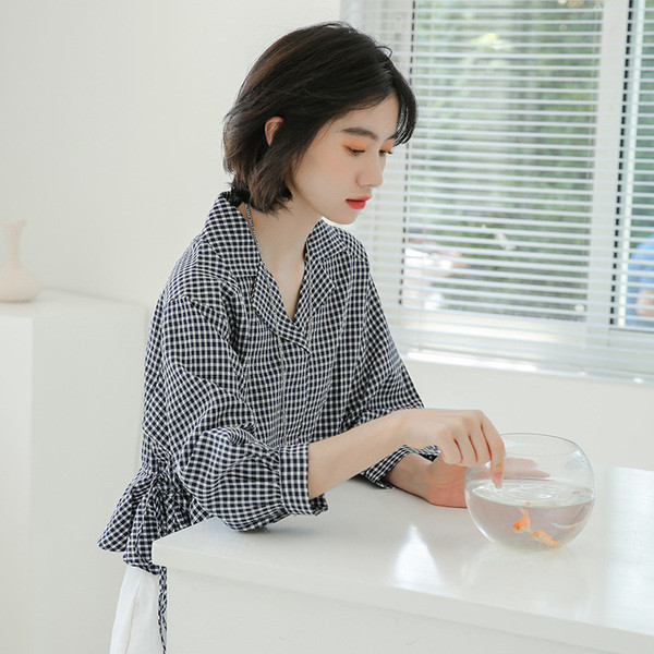 Sieviešu moderns rūtains krekls ar mežģīnēm un 7/8 piedurknēm