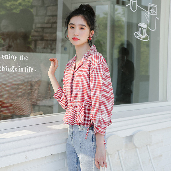 Sieviešu moderns rūtains krekls ar mežģīnēm un 7/8 piedurknēm