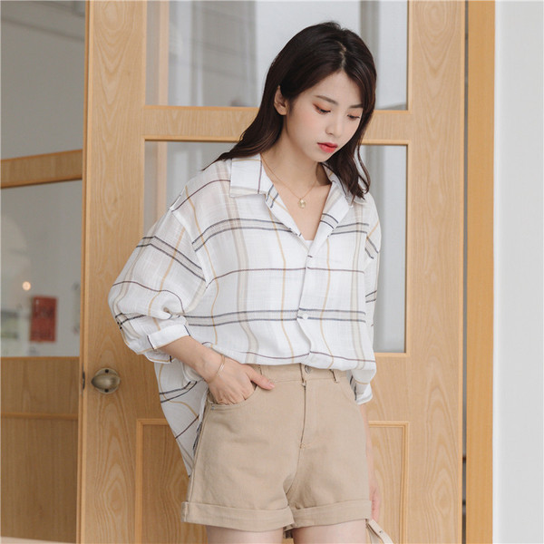 Casual γυναικείο καρό πουκάμισο με φαρδιά μανίκια 7/8
