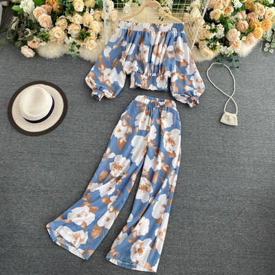 Set bluza si pantaloni de dama cu imprimeu floral