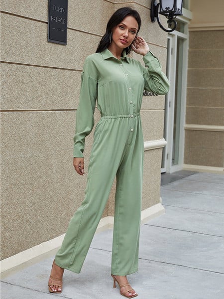 Casual γυναικεία ολόσωμη φόρμα με μακριά μανίκια με κλασικό κολάρο