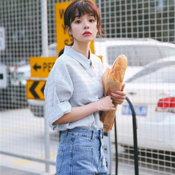 Ženska ležerna karirana košulja s klasičnim ovratnikom i širokim rukavima