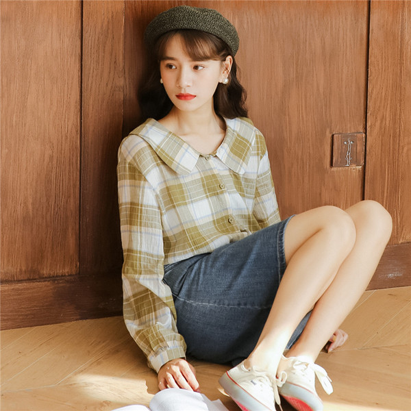 Női alkalmi kockás ing ovális nyakkivágással