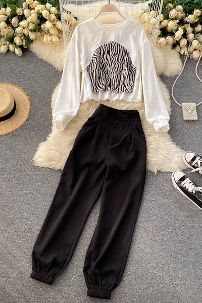 Casual γυναικείο σετ μακρύ παντελόνι, μπλούζα και φανελάκι