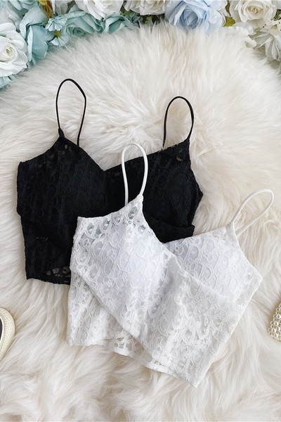 Lühike naiste pitsiline õhukeste rihmadega topp – spits-kaelus